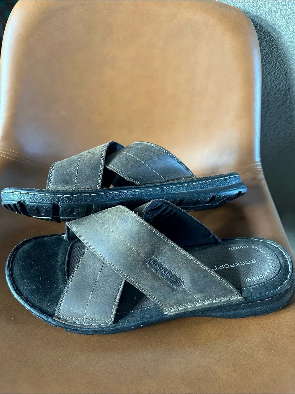 Rockport Mens Darwyn Cross Band Slide Leather Sandals BX2032 Size 11 Memory Foam